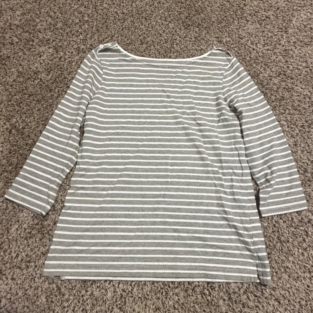 Croft & Barrow Womens Grey White Striped Boat Neck 3/4 Sleeve Button Top Medium